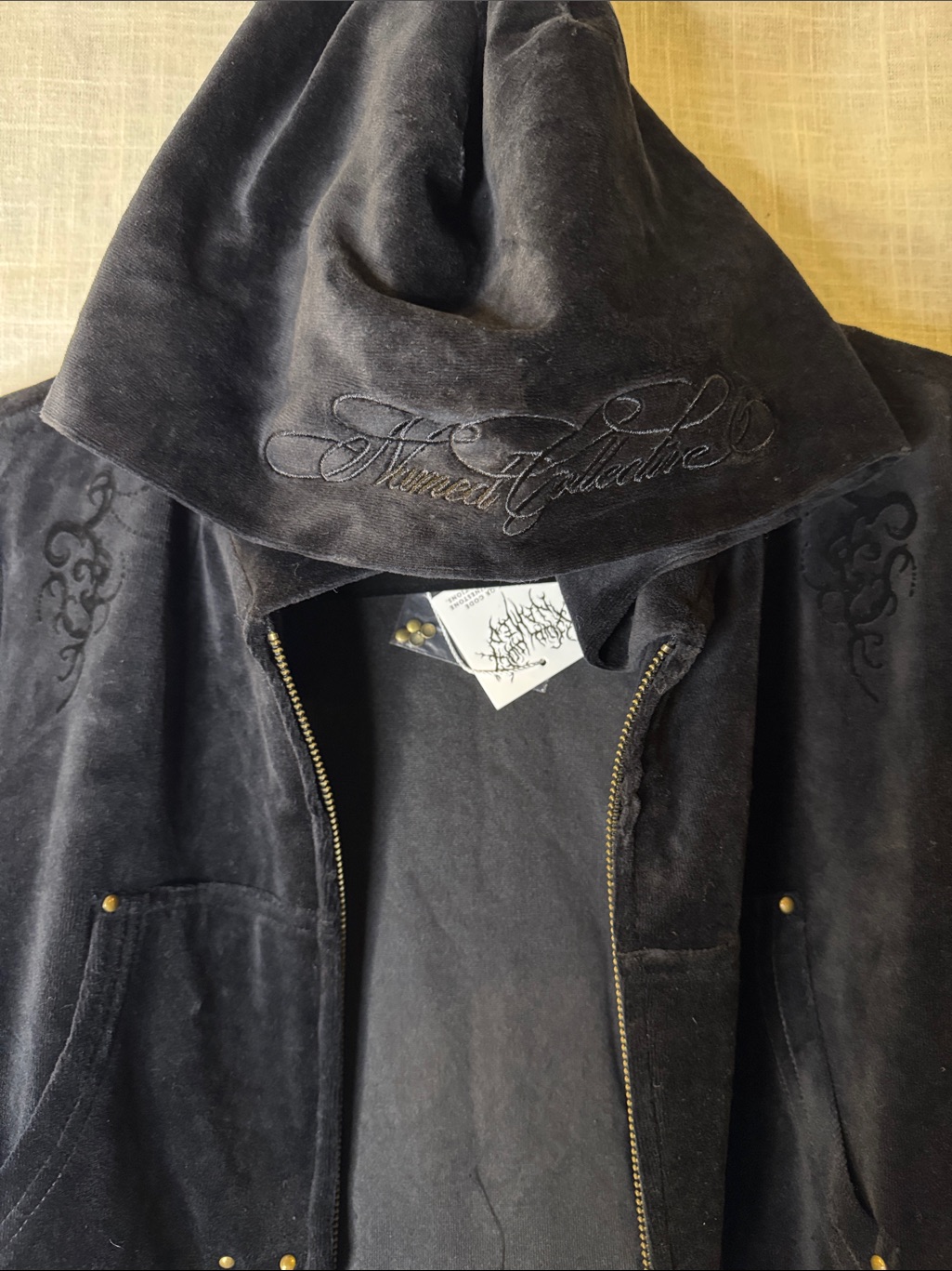Named Collective Black Hooded Velour Bomber Jacket With Stud Detailing — image 8 of 8